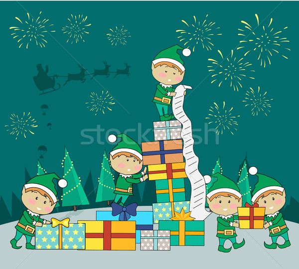 Christmas Elves Packing Presents Gift Boxes Stock photo © robuart