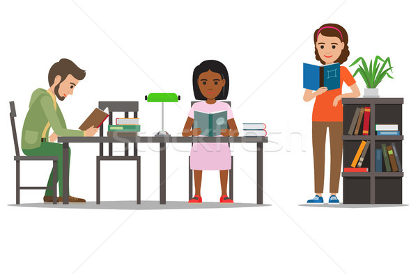 Students Reading Textbook in Library Flat Vector  Stock photo © robuart