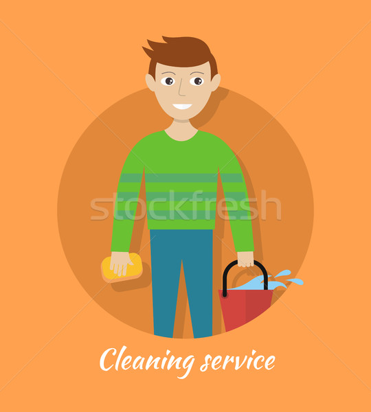 Stockfoto: Lid · schoonmaken · dienst · emmer · spons · mannelijke