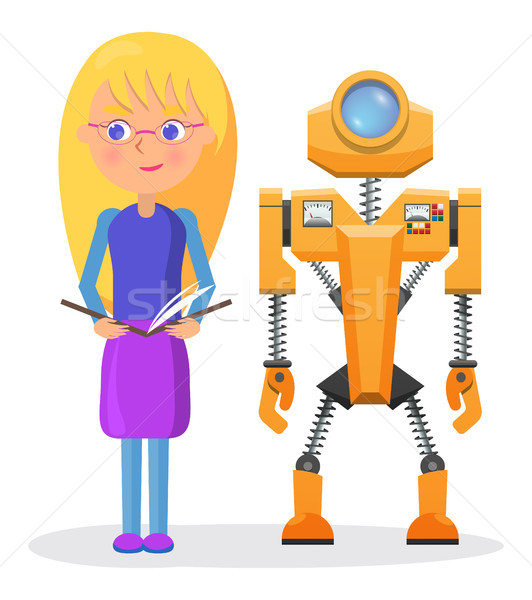 Szőke nő lány szemüveg füzet robot vmi mellett Stock fotó © robuart