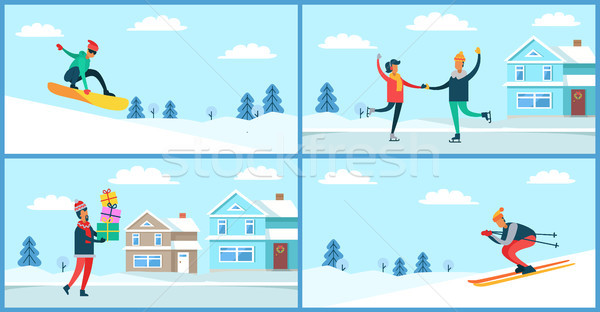 Wintertime Activities Placards Set Vector Illustration Stock photo © robuart