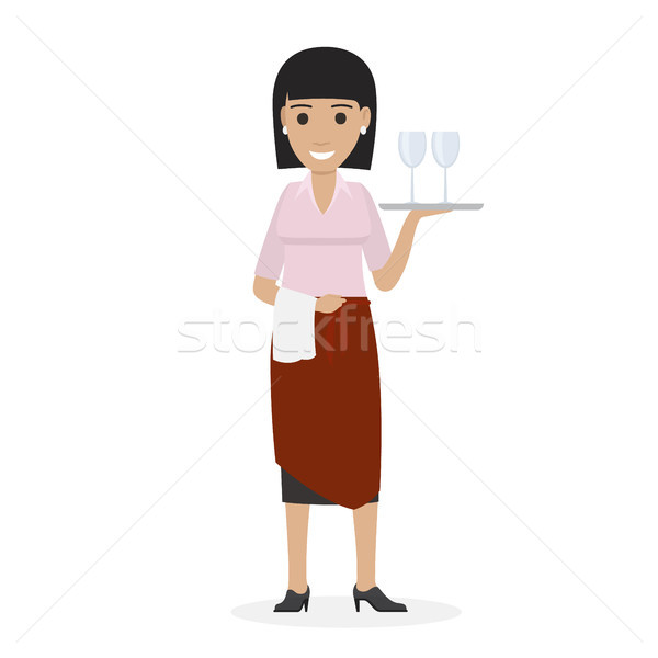 Happy Waitress Keeps Tray with Glasses and Towel Stock photo © robuart