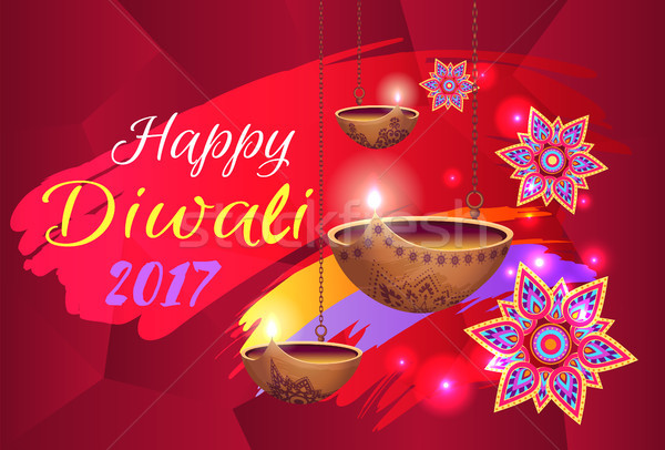 Happy Diwali 2017 Banner with Flowers and Lamps Stock photo © robuart