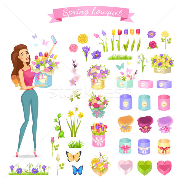 [[stock_photo]]: Belle · femme · printemps · bouquet · boîte · pourpre