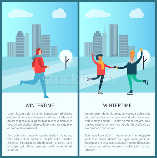 Wintertime Poster Woman Jogging Skating in Park Stock photo © robuart