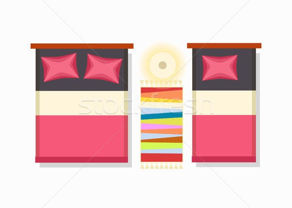 Dormitor design interior una dublu pat colorat Imagine de stoc © robuart
