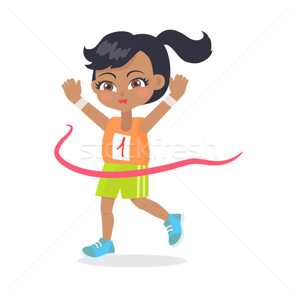 Stock photo: Running Girl with Black Hair Crosses Finish Line