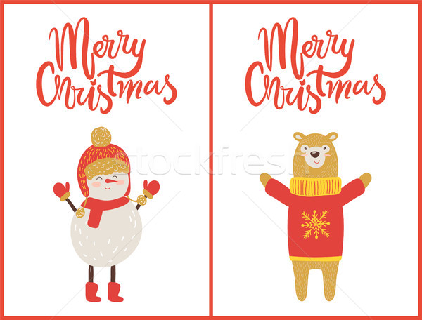 Merry Christmas Snowman, Bear Vector Illustration Stock photo © robuart