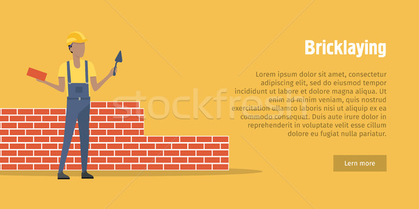 Foto stock: Trabajador · espátula · ladrillo · manos · casco · rojo