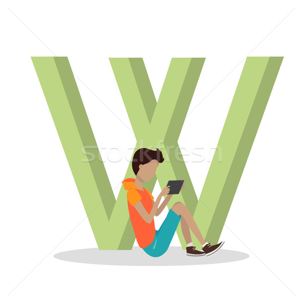 W Letter and Boy Playing on Tablet. ABC Vector Stock photo © robuart