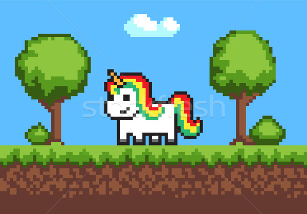 Cheerful Pixel Poney Horse on Cute Green Meadow Stock photo © robuart