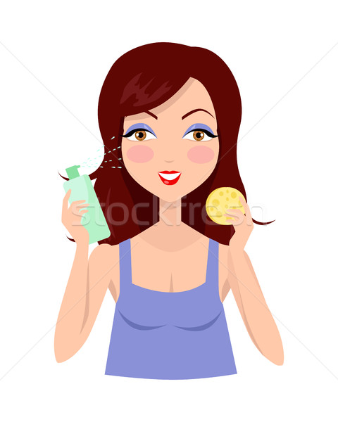 Girl Clean her Face with Lotion and Sponge Stock photo © robuart