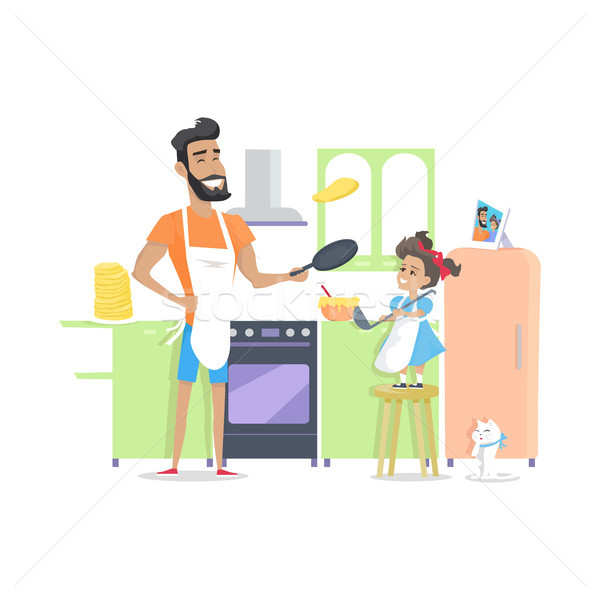 Apa fia főzés vacsora reggeli apa lánygyermek Stock fotó © robuart