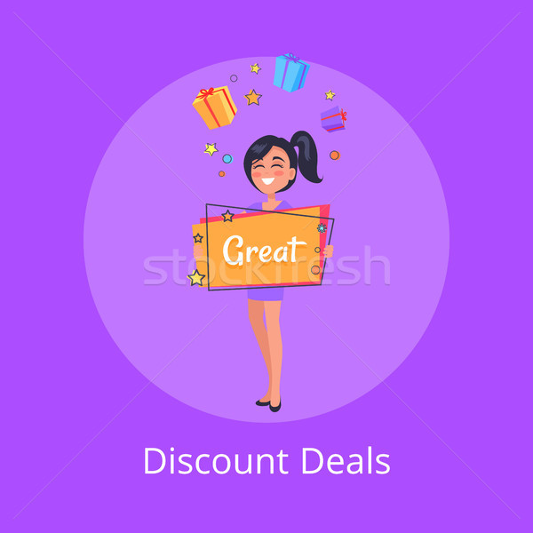 Discount Deals Poster with Smiling Girl Dreaming Stock photo © robuart