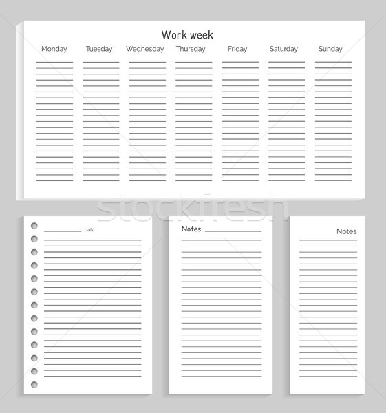 Foto stock: Trabalhar · semana · notas · conjunto · papel · linhas