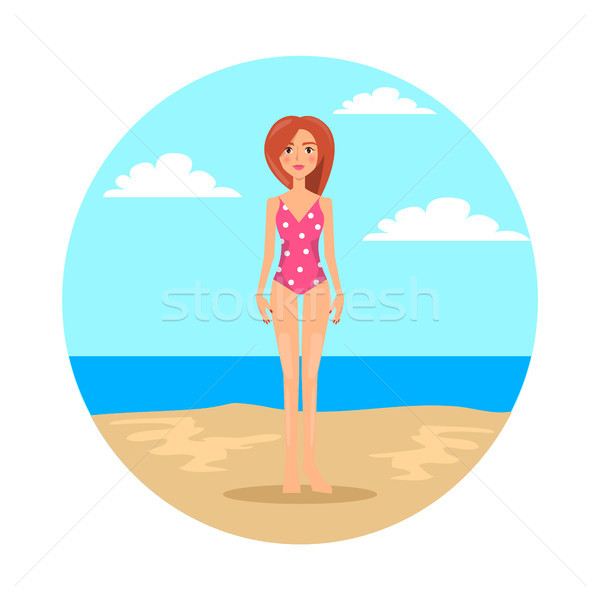 Fille maillot de bain à pois modèle plage élégant [[stock_photo]] © robuart