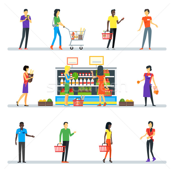 Oameni supermarket design interior cumpărături marketing piaţă Imagine de stoc © robuart