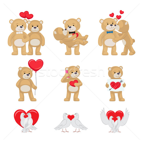 Cute Soft Toy Bears and White Doves in Love Set Stock photo © robuart