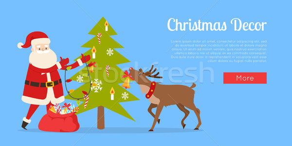 Stock photo: Santa Claus and Big Reindeer Decorate Fir Tree