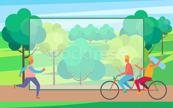 Man on Skate Rollers and Couple on Bicycle in Park Stock photo © robuart