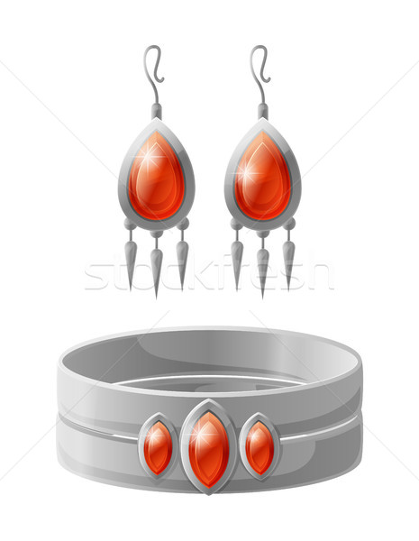 Biżuteria kolekcja kolczyk czerwony kamień szlachetny srebrny Zdjęcia stock © robuart