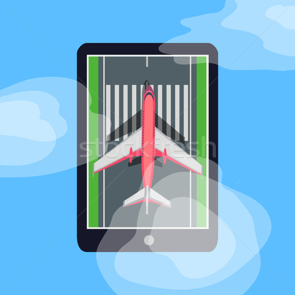 Airplane on Runway in Smartphone. Blue Sky. Cloud Stock photo © robuart