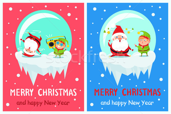 Wesoły christmas szczęśliwego nowego roku plakat elf Święty mikołaj Zdjęcia stock © robuart