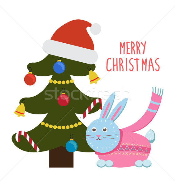 Merry Christmas Greetings Cartoon Hare Rabbit Tree Stock photo © robuart