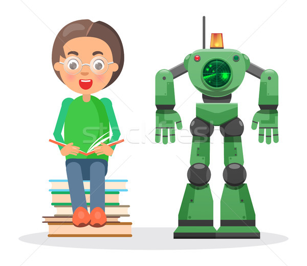 Child Sits on Pile of Books and Reads Beside Robot Stock photo © robuart