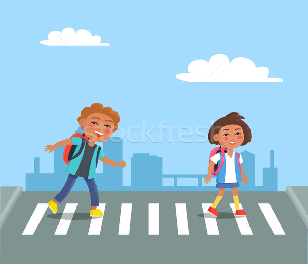 Cheerful Kids with Red Rucksacks Crossing Road Stock photo © robuart