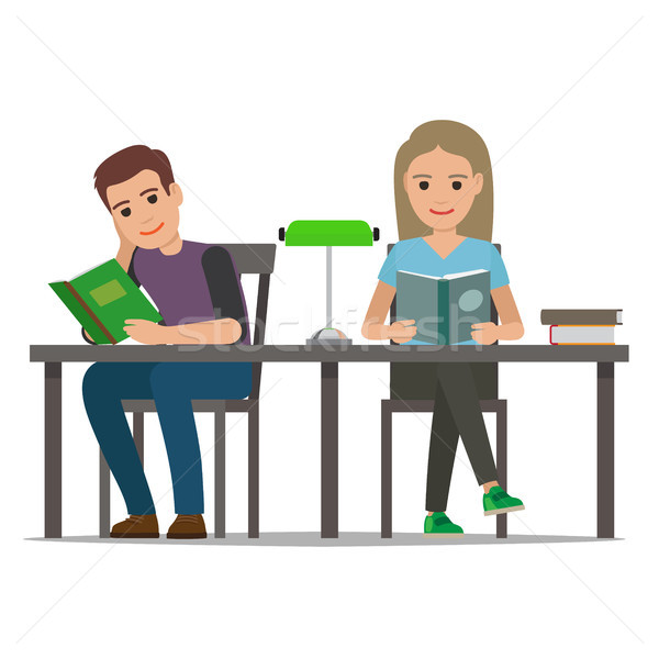 Stock photo: Students Reading Textbook in Library Flat Vector 
