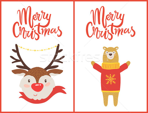 Merry Christmas Color Set Postcards Deer and bear Stock photo © robuart