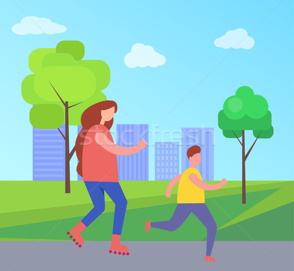 Mother and Son Rollerblading in City Park Vector Stock photo © robuart