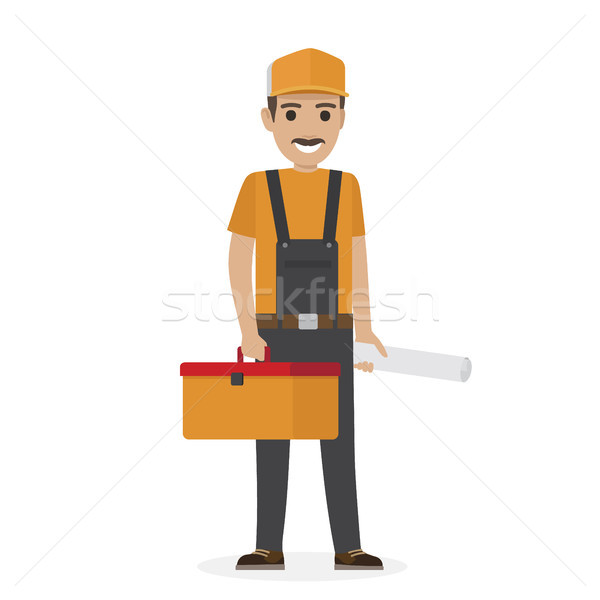 Whiskered Erector in Black Overalls Holds Tool Box Stock photo © robuart
