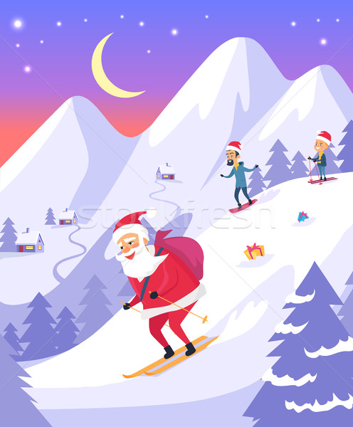 Santa Claus with Bag Sliding Down Snowy Mountains Stock photo © robuart