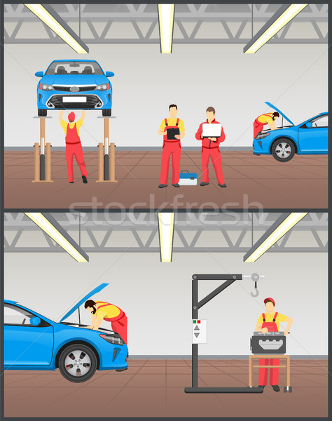Stock photo: Suspended Car on Stand and Engine Service Banner