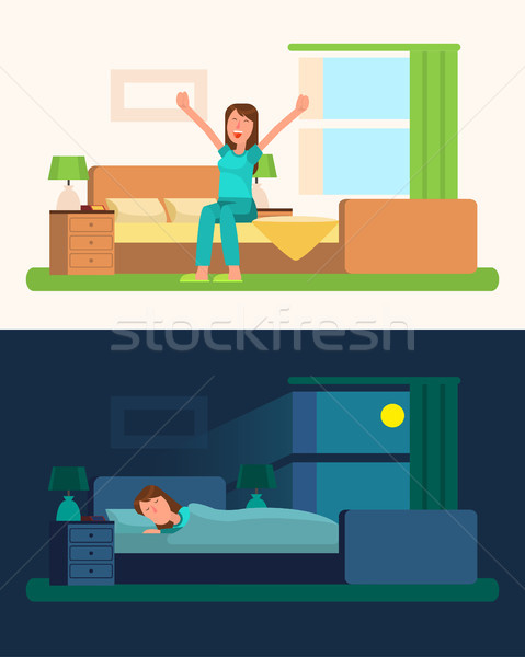 Day and Night Pictures with Girl Vector Illustration Stock photo © robuart
