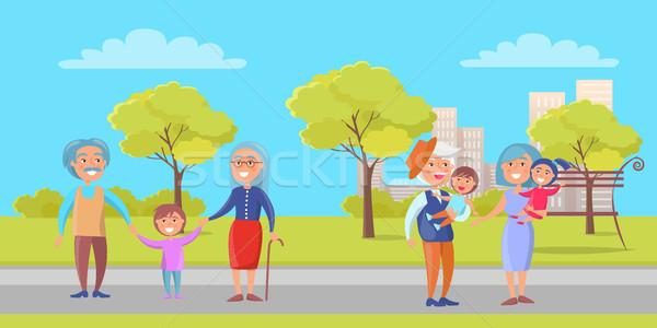 Stockfoto: Gelukkig · grootvader · kleinkinderen · grootouders · lopen