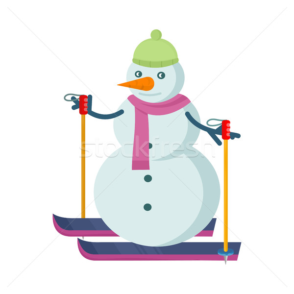 Snowman Skiing in Green Hat and Pink Scarf Stock photo © robuart
