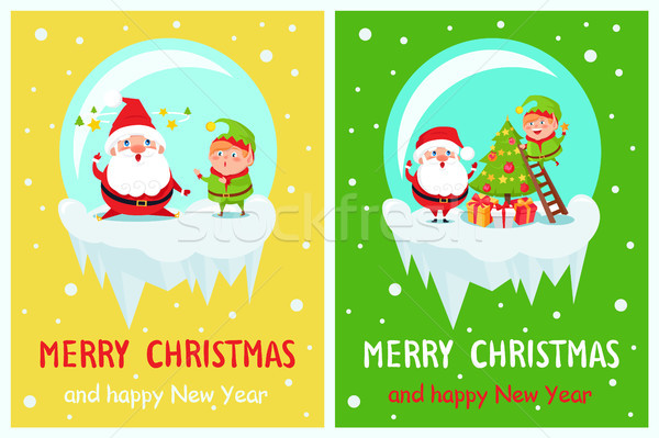 Postcard Merry Christmas Happy New Year Santa Elf Stock photo © robuart