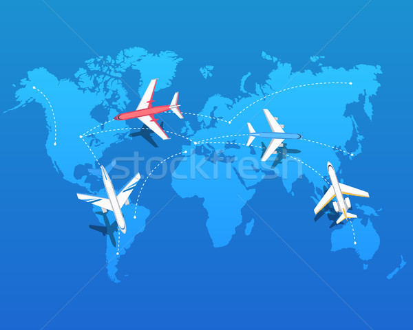Set Flugzeuge unter Weltkarte Vektor Reiseziele Stock foto © robuart
