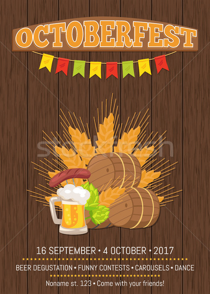 Octoberfest Poster with Barrels, Food and Beer Stock photo © robuart