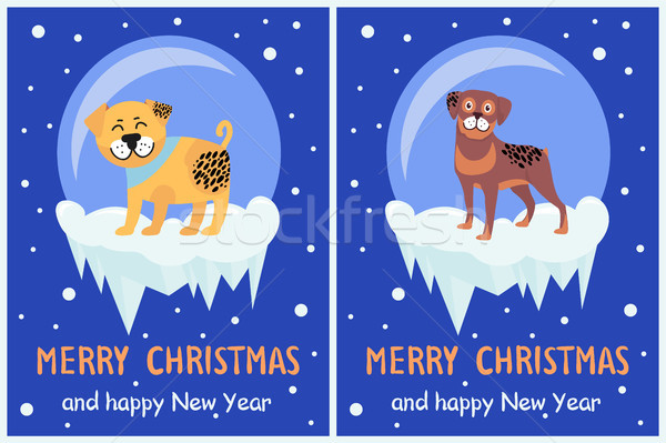 Vidám karácsony boldog új évet bannerek kiskutyák szett Stock fotó © robuart