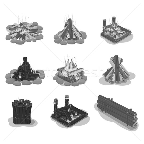 Set lemne de foc negru alb foc ilustratii mare Imagine de stoc © robuart