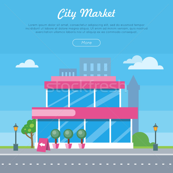 Stock photo: City Market Near Road Banner. Flat Design Style