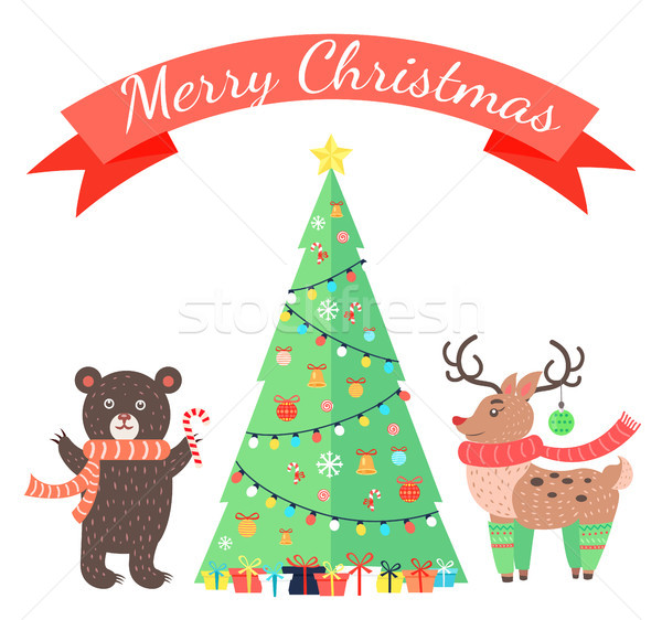 Merry Christmas Greetings Cartoon Bear and Deer Stock photo © robuart