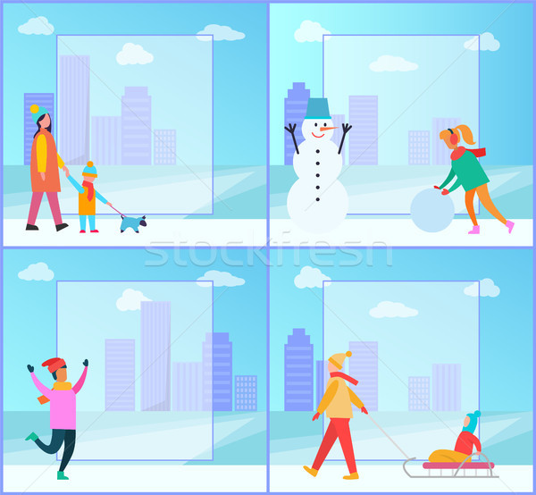 Family Walking Dog Winter Vector Illustration Stock photo © robuart