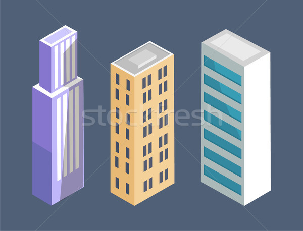 ストックフォト: セット · 現代 · アイソメトリック · 建物 · 高層ビル · ベクトル