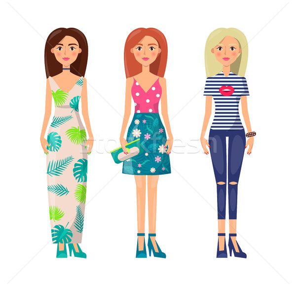 Three Cute Ladies in Vogue Clothes, Vector Image Stock photo © robuart