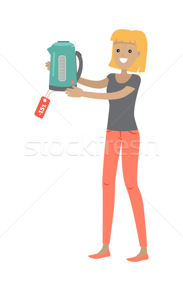 Woman Holds Teapot Electric Kettle with Sale Tag Stock photo © robuart